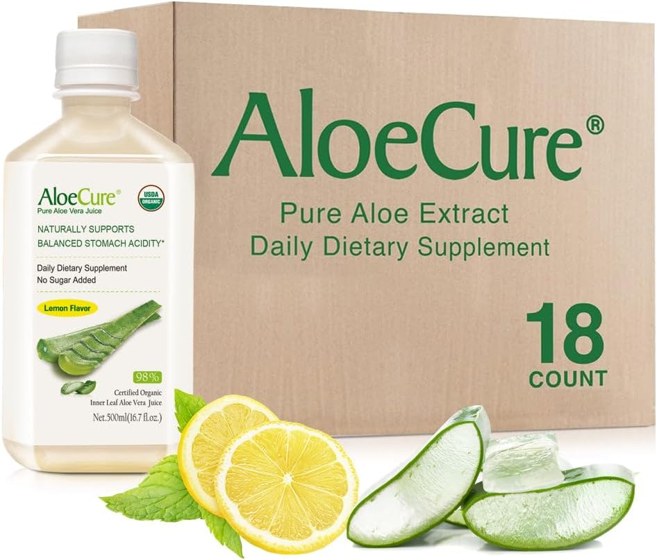 AloeCure USDA Bio Aloe Vera Juce Lemon Saveur - Fabriqué dans les 12 heures de la récolte - Supplément digestif naturel pour l'acidité équilibrée de l'estomac - Soutien de la santé digestive et immunitaire, 18 Btls x 16,7oz