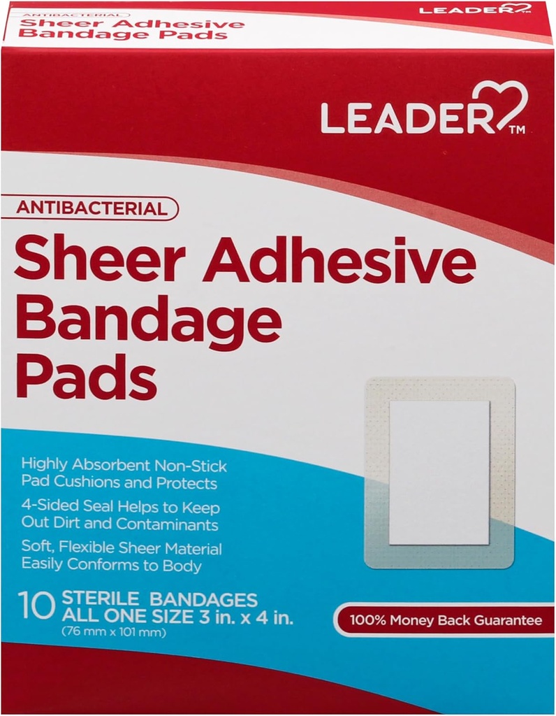 LEADER Sheer Pads adhésif Bandage, Packs de Blends avec de la peau, très absorbante Non-Stick Pad, pour les premiers soins et la protection des blessures, Comparer avec Band-Aid, Tous une taille 3/4" x 4", 100 ct.