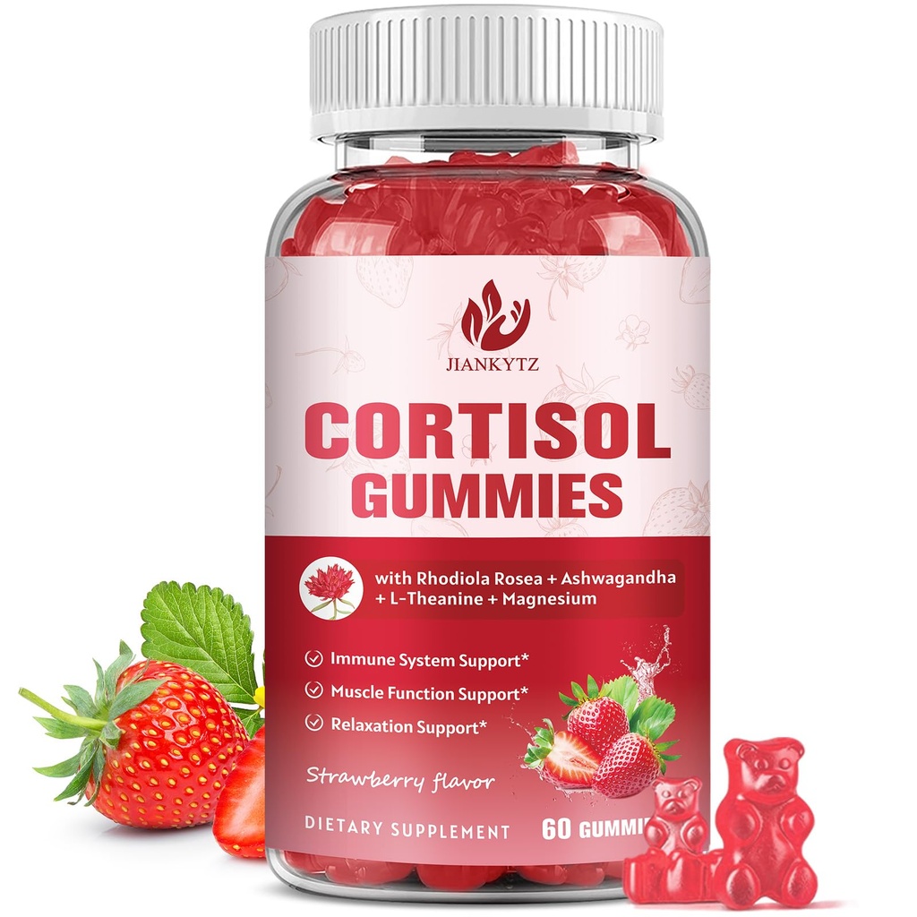 Gommies de cortisol pour femmes avec Ashwagandha, Rhodiola Rosea, L-Theanine, Magnésium, Vitamine D3 pour le soutien Zzz, Cortisol équilibré, Vegan, 60 Gommies