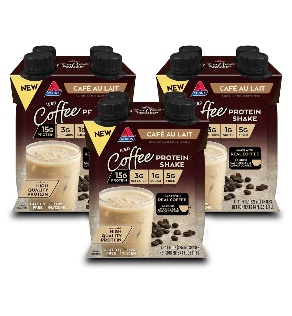 Atkins Café au Lait Iced Coffee Savered Protein Shake, High Protein Shake, Faible sucre, Faible glucides et Faible sucre, Keto Friendly, Sans gluten, 12 Compte