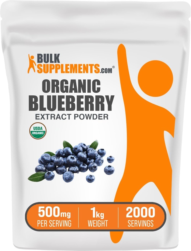 BulkSupplements.com Poudre d'extrait de bleuets bio - Supplément d'extrait de bleuets, support antioxydant - Vegan & sans gluten, 500mg par portion, 1kg (2,2 lbs) (paquet de 1)
