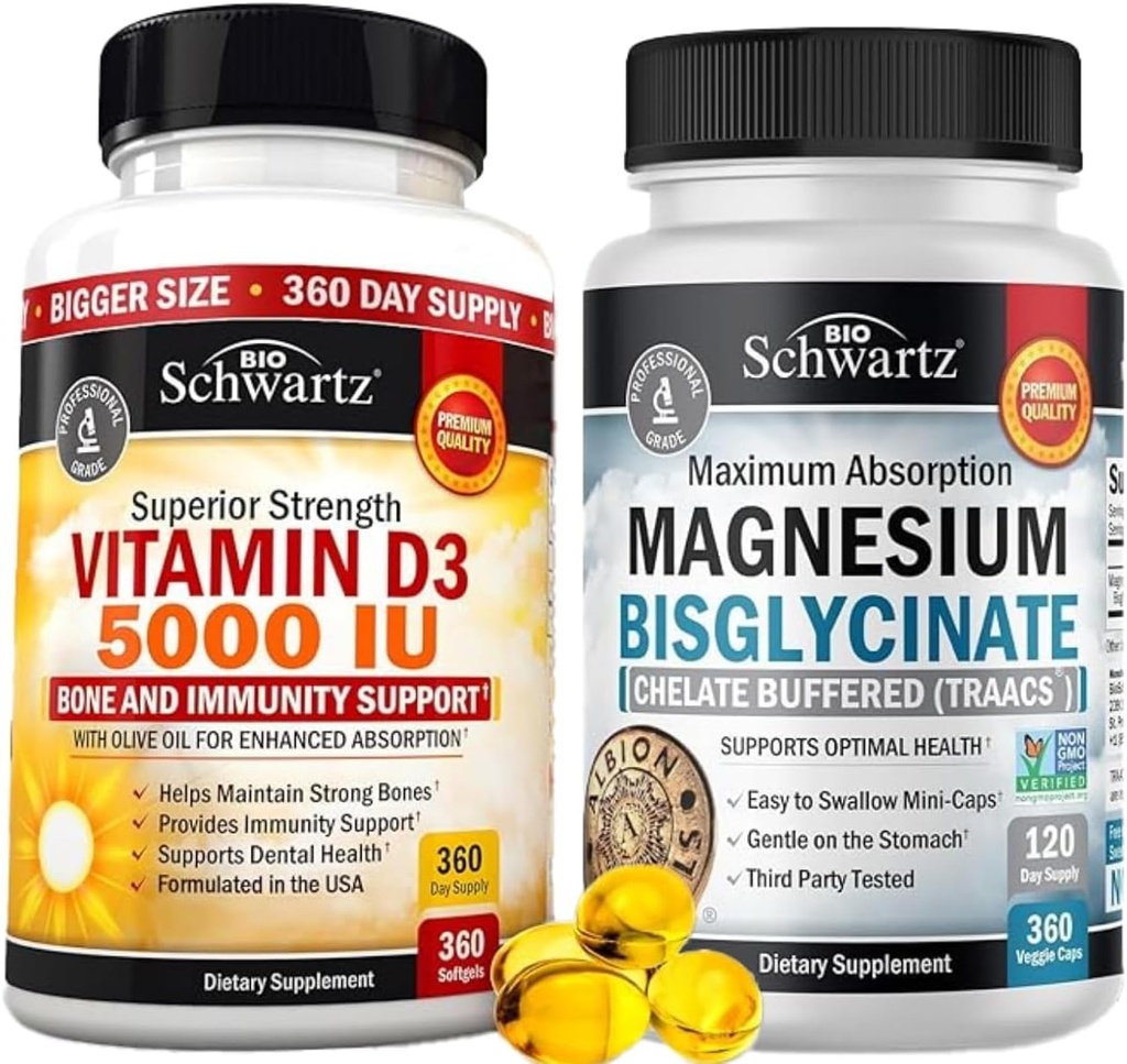 Vitamine haute résistance D3 5000 UI 125 mcg (1 an d'approvisionnement) Plus haute absorption Capsules de bisglycinate de magnésium (4 mois d'approvisionnement)