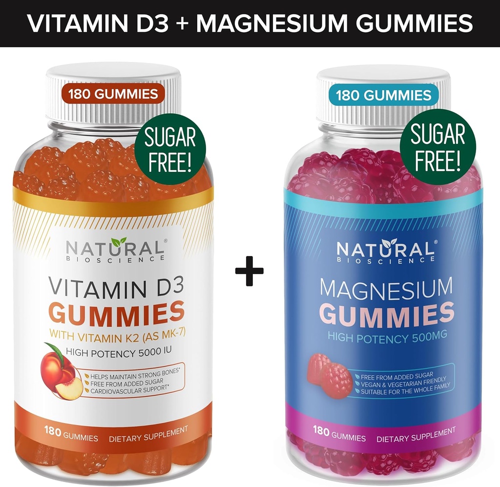 Sugar Free Vitamin D3 K2 Gummies (180 Gummies) and Sugar Free Extra Strength Magnesium Gummies (180 Gummies), Vitamin D3 Gummies 5000 IU+K2 MK7 80 mcg, Magnesium Citrate Gummies 500 mg