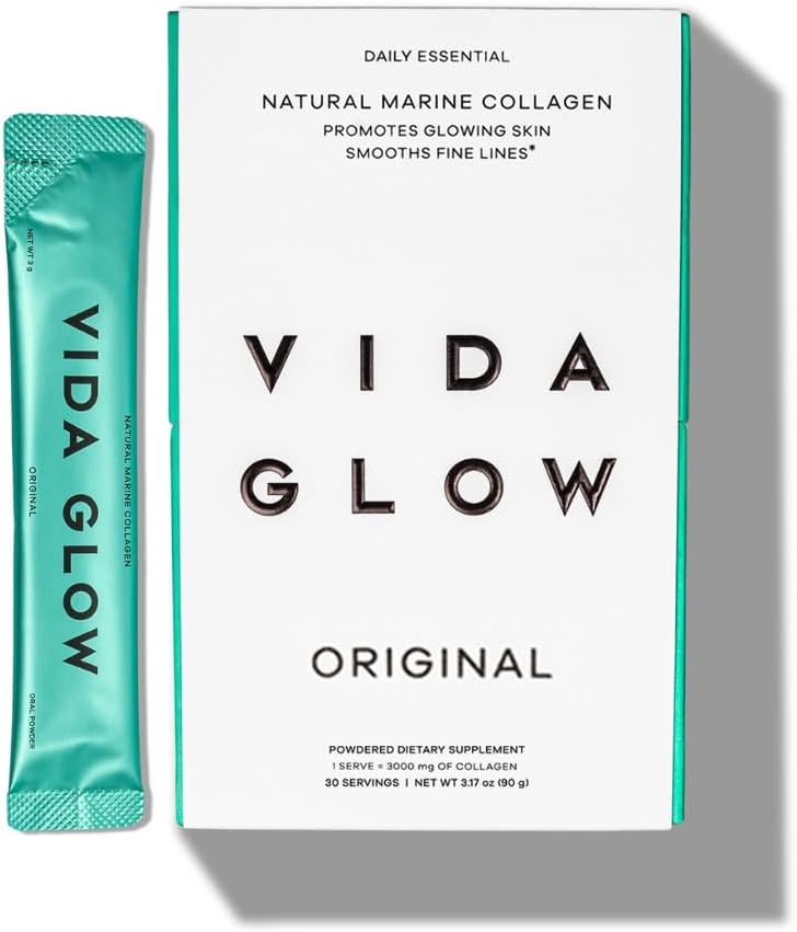 Vida Glow en poudre de collagène marin - Supplément anti-vieillissement avec des peptides de collagène, favorise la peau Glowing, ongles forts, cheveux sains