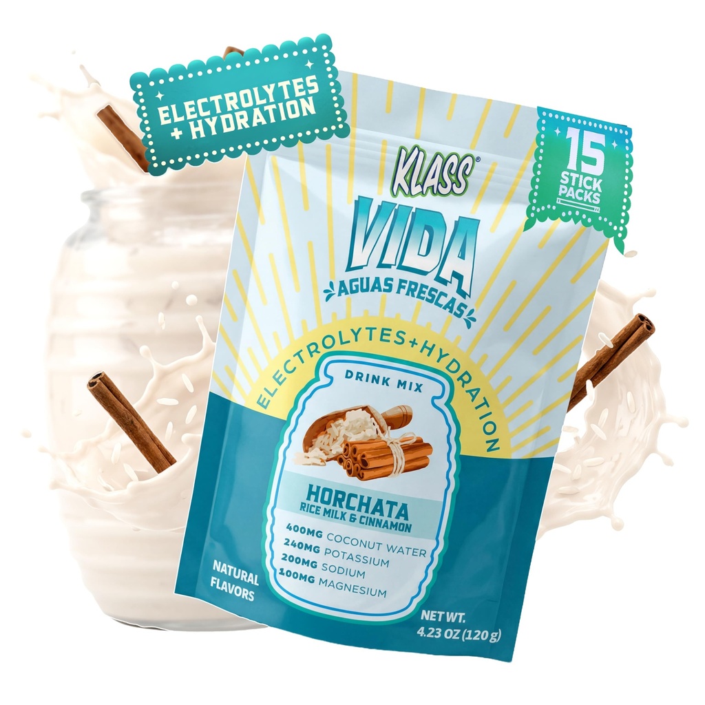KLASS VIDA Mélange de boissons électrolytiques – Horchata Agua Fresca Flavor , Poudre d'hydratation sans sucre avec de l'eau de coco et minéraux , 15 paquets de bâtons à simple portion dans une poche refermable, faible calorie
