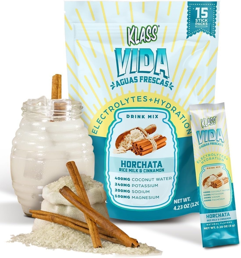 KLASS VIDA Mélange de boissons électrolytiques – Horchata Agua Fresca Flavor , Poudre d'hydratation sans sucre avec de l'eau de coco et minéraux , 15 paquets de bâtons à simple portion dans une poche refermable, faible calorie
