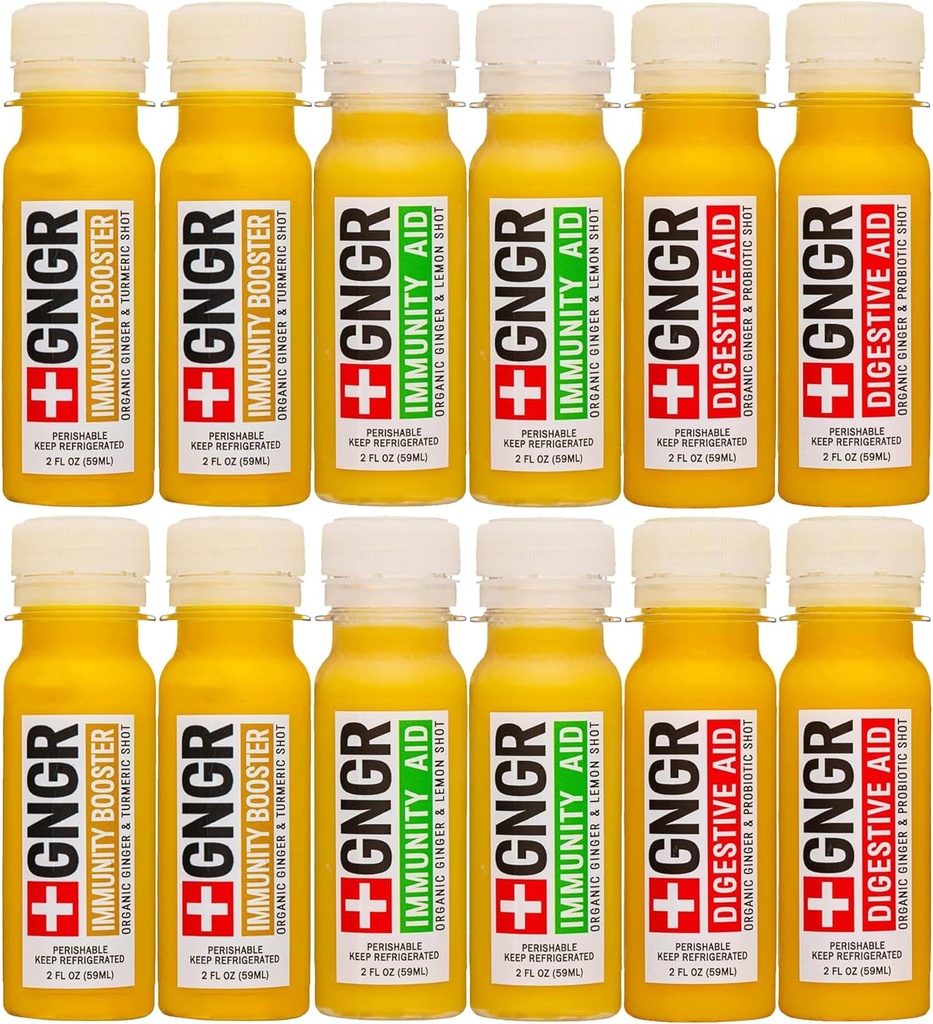 +GNGR Immunity Sampler Organic Ginger Wellness Shots - Premium Ginger Shots for All Natural Digestive Support and Immune Support, Digestive Aid, Gut Cleanse and Detox 2 fl oz (Pack of 12)