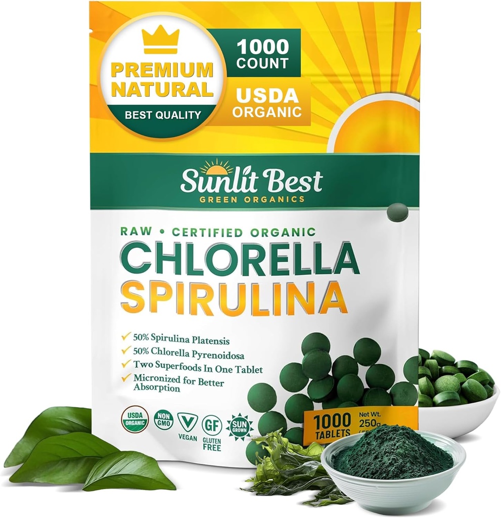 Les meilleurs comprimés de Chlorella Spiruline éclairés au soleil - Bio USDA, Premium Spiruline et Chlorella Comprimés 1000 Compte - Sun Chlorella Pure Natural Superfood avec des algues, des enzymes Chlorophylle et des protéines végétales