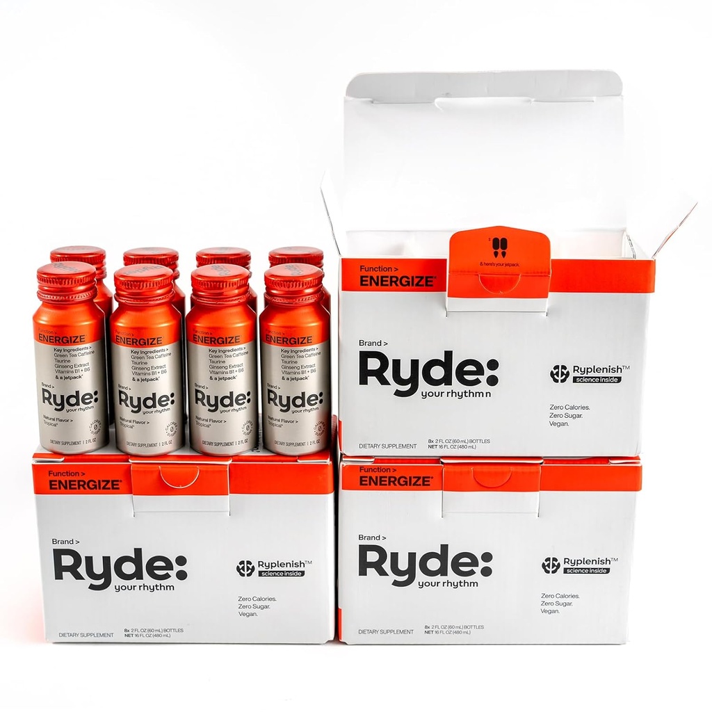Ryde: Energize Shot | Tropical Flavor | Green Tea Caffeine, Taurine, Ginseng Extract & B Vitamins | 0 Calories, 0 Sugar | 2 FL OZ Shots | Boosts energy* (24 Pack)