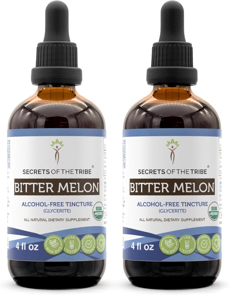 Secrets of the Tribe Bitter Melon USDA Organic | Alcohol-Free Extract, High-Potency Herbal Drops | Made from 100% Certified Organic Bitter Melon (Momordica Charantia) Dried Fruit (2x4 oz)