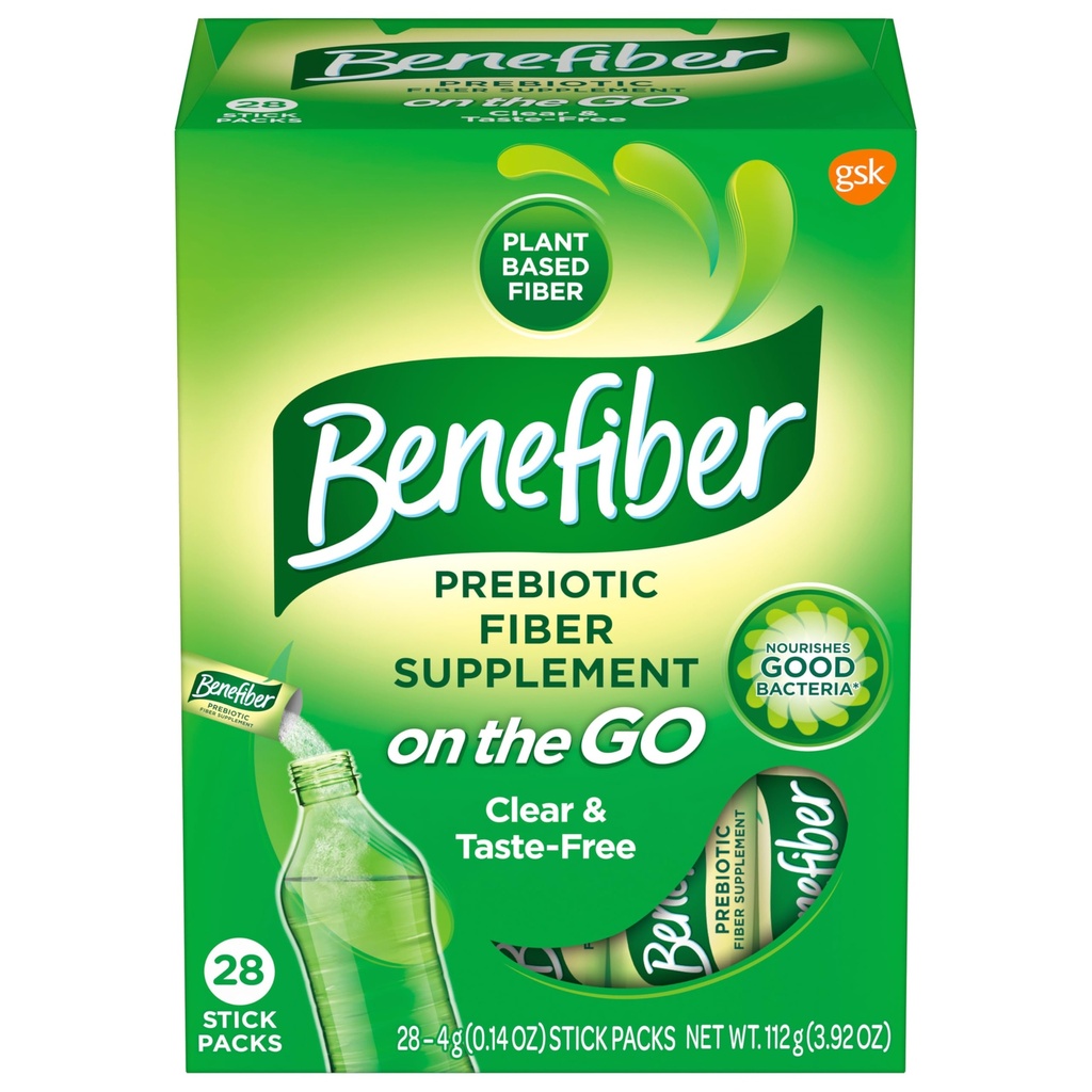 Benefiber On The Go Poudre de supplément de fibre prébiotique pour la santé digestive, fibre quotidienne, non aromatisée - 28 bâtons (3.92 Ounces)