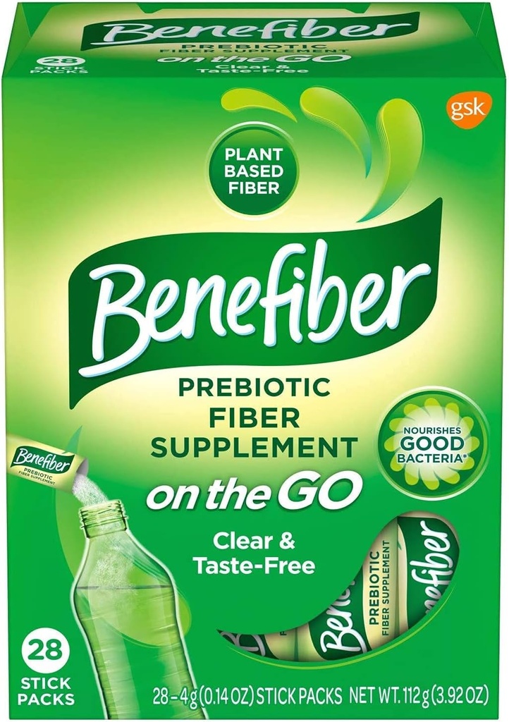 Benefiber On the Go Poudre de supplément de fibre prébiotique pour la santé digestive, fibre quotidienne, non aromatisée - 28 bâtons (3.92 Ounces)