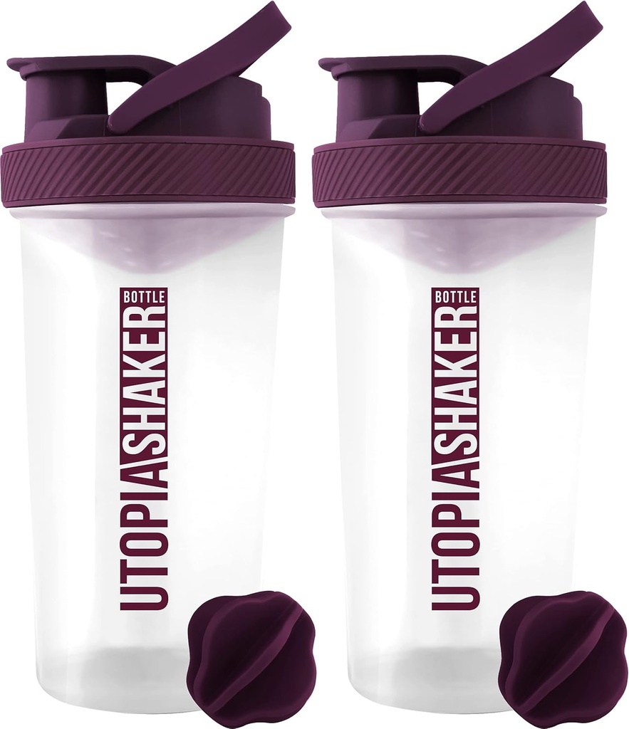 Utopia Home Protein Shaker Bouteille - (Pack of 2) 28-Ounce Shaker Bouteille pour mélange de protéines - Fitness Sports Classic Protein Shaker Bouteille pour mélangeur de protéines (Clear/Plum)