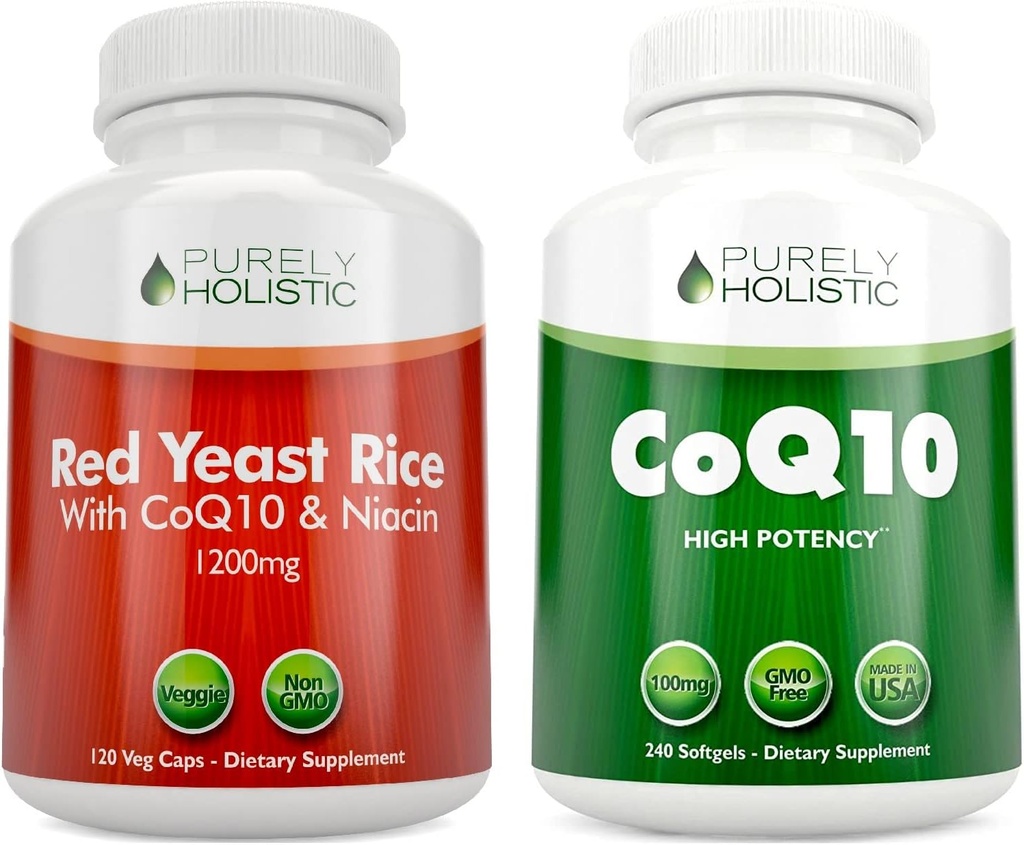 Purely Holistic Red Yeast Rice 1200mg & Niacin + CoQ10 100mg - 120 Capsules & 240 Softgels Bundle - Made in USA