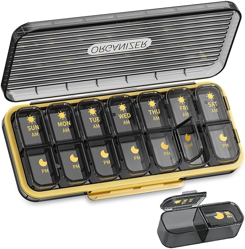Organisateur hebdomadaire de pilules 2 fois par jour, ZDQZC Pill de voyage boîte de 7 jours cas avec grand compartiment quotidien distributeur de pilules contenant de la vitamine, huiles de poisson, suppléments (2 fois par jour, gris)