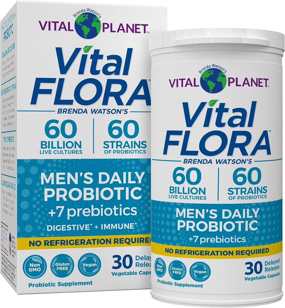 Planète Vital - Probiotiques de Flore Vital pour les hommes, 60 milliards CFU, 60 souches diverses, 7 prébiotiques organiques, Probiotique stable de la plate-forme quotidienne pour le soutien immunitaire, dégazage, santé digestive 30 capsules