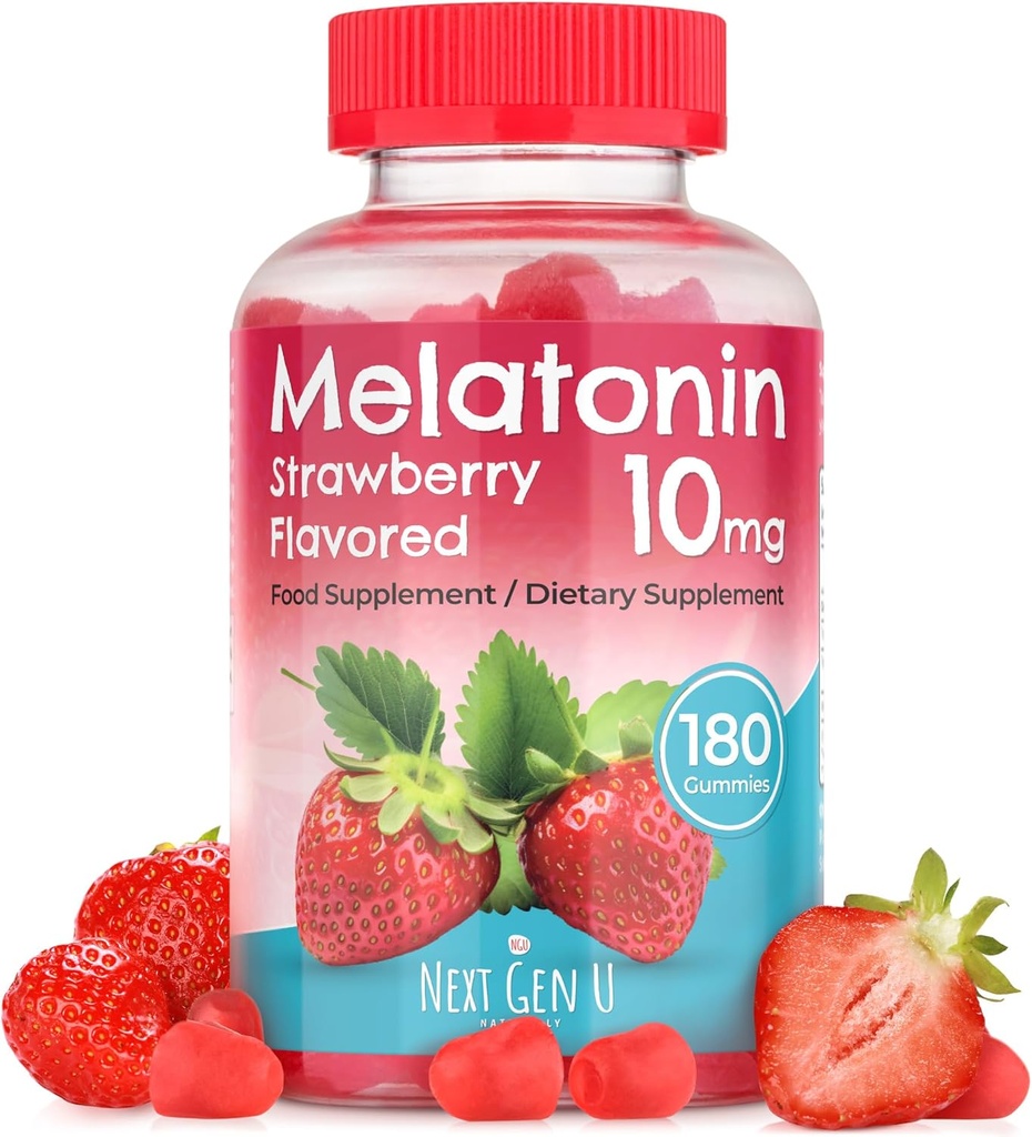 NGU Next Gen U - Melatonin Gummies - 10 mg Dietary Supplement - Strawberry Flavored - 180 Vegan Gummies