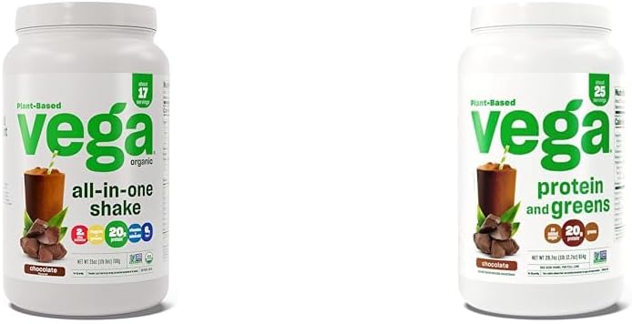 Vega poudre de protéines végétales tout-en-un biologique, chocolat et protéines et vert poudre de protéines, chocolat