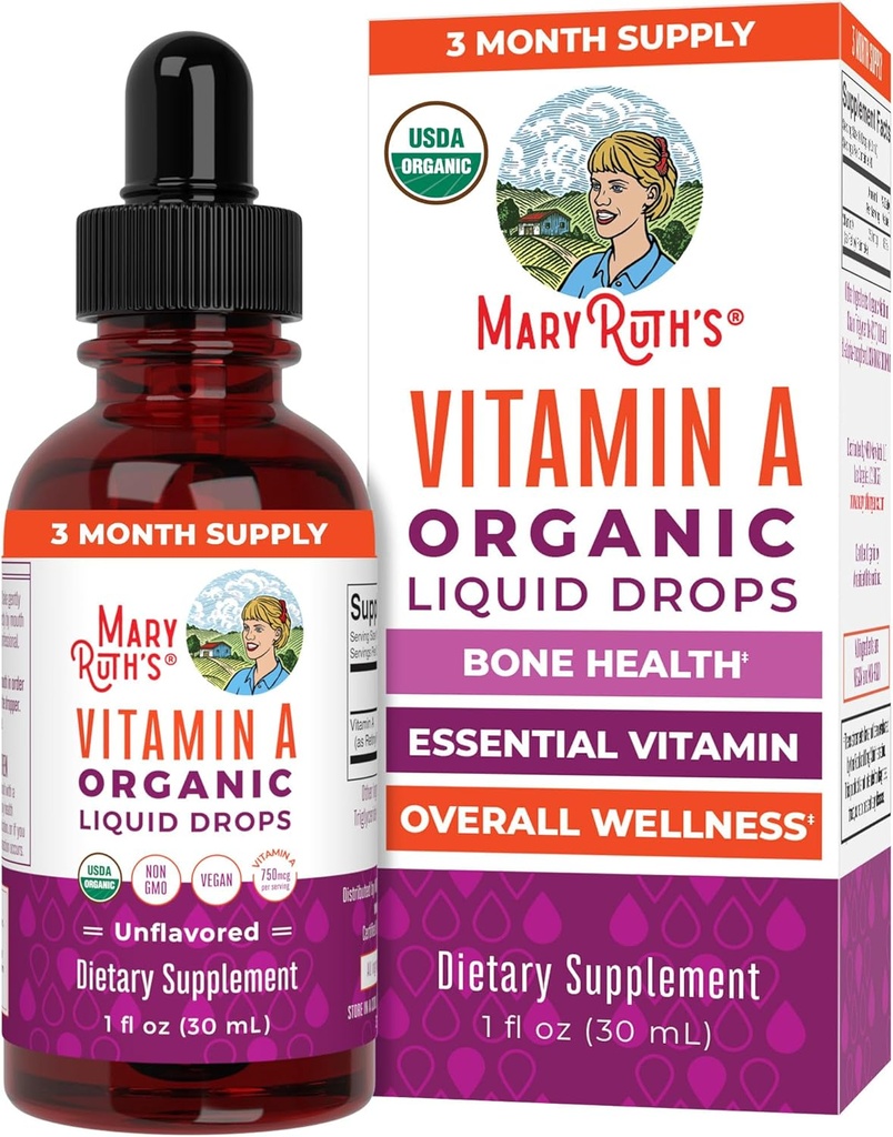 MaryRuth Organics USDA Organic Vitamine A Liquid Drops (dépense de 3 mois) Santé des os pour les enfants de 14 ans et plus Vitamine essentielle 750mcg par portion (sans sucre) Vegan (sans OGM) 1oz