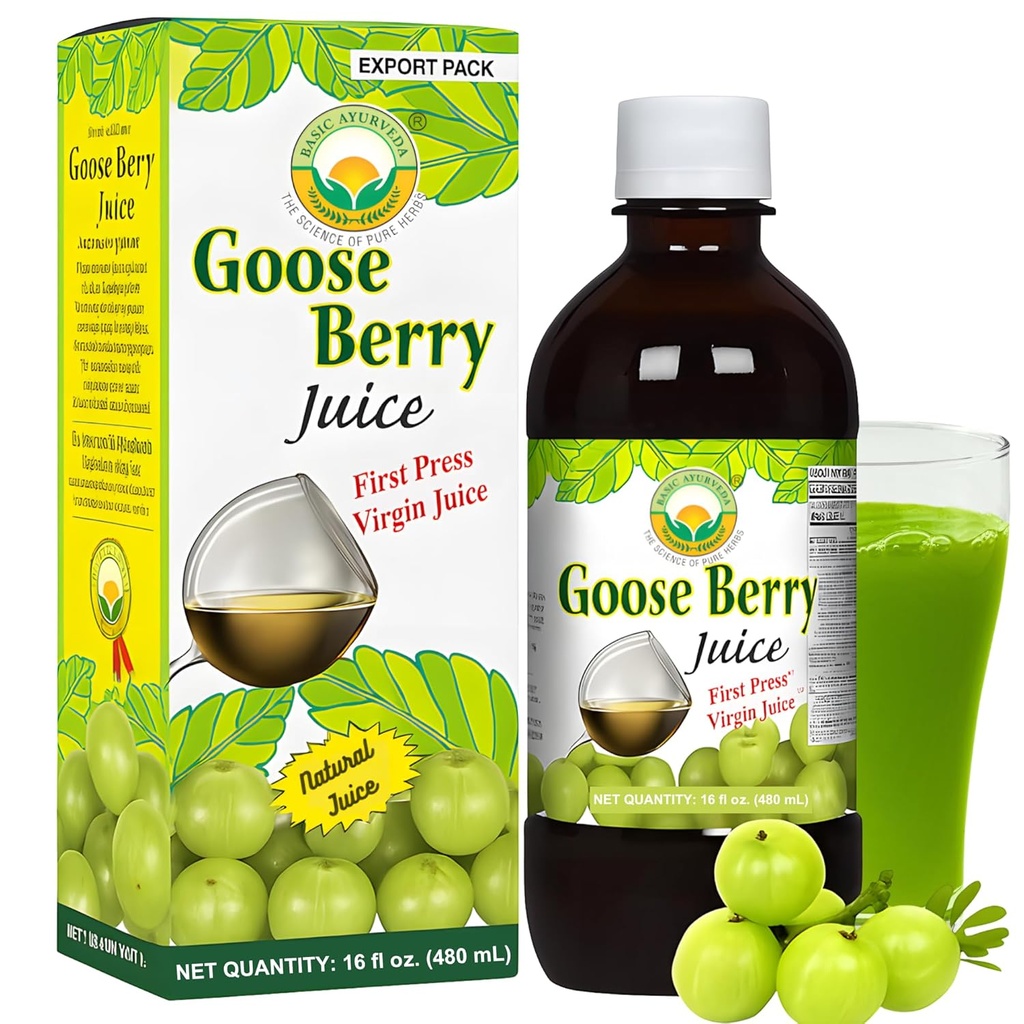 Basic Ayurveda Gooseberry Jus de pur Amla Fruit Jus de pas de sucre ajouté Source naturelle de vitamine C pour les cheveux, les yeux, les dents et les ongles