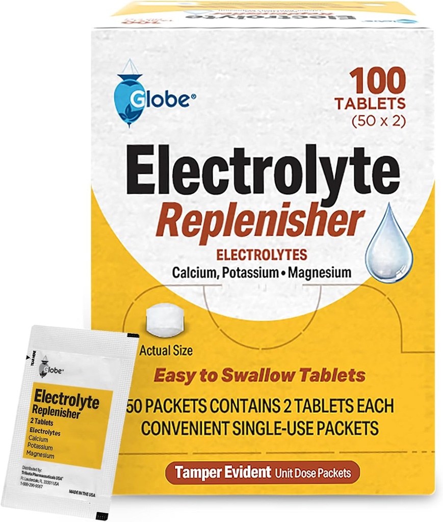 Comprimés de remplacement Globe Electrolyte pour la réhydratation, la récupération d'exercices, les athlètes jeunes et adultes, la randonnée, le camping, et la récupération sportive et plus... 50 paquets de 2 comprimés chacun, 100 comtes