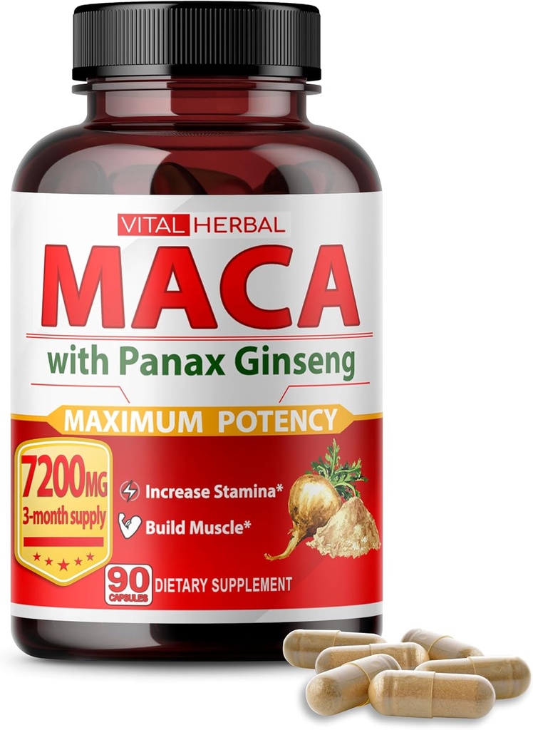 Vital Herbal Maca Root Complex with Ashwagandha, Tongkat Ali, Tribulus, Horny Goat Weed & Panax Ginseng – Herbal Support for Energy & Performance – 90-Day Supply