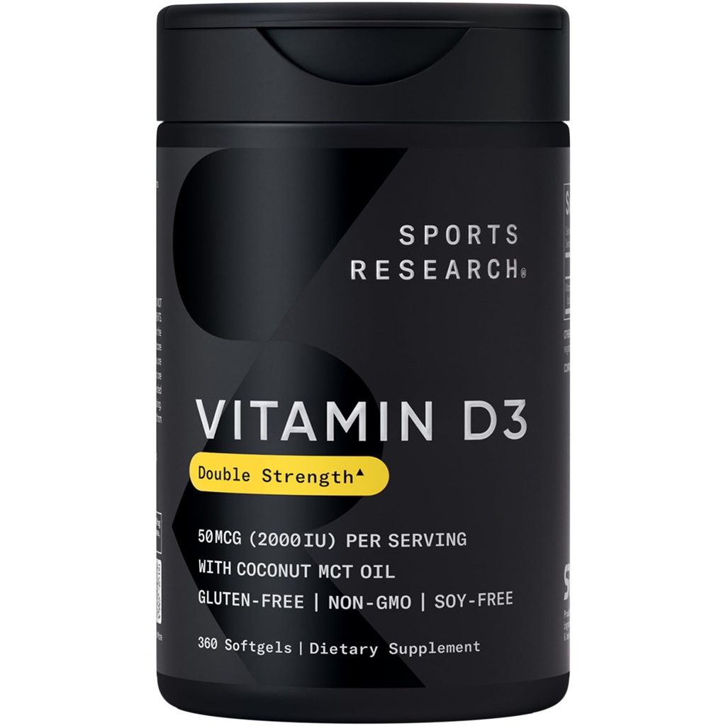 Recherche sportive Vitamine D3 2000 UI avec huile de noix de coco MCT - Supplément double résistance Vitamine D - Non-OGM Vérifié, sans gluten et sans soja – 50mcg, 360 softgels liquides