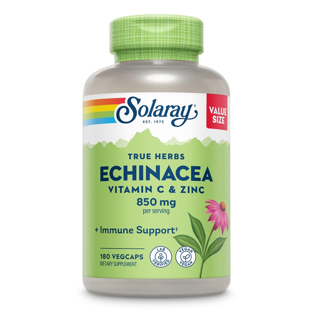 SOLARAY Echinacea Vitamine C & Zinc 850mg Plus Bioflavonoïdes, Echinacea Capsules pour un soutien immunitaire sain, végétalien, laboratoire vérifié, garantie de remboursement de 60 jours, 90 portions, 180 VegCaps