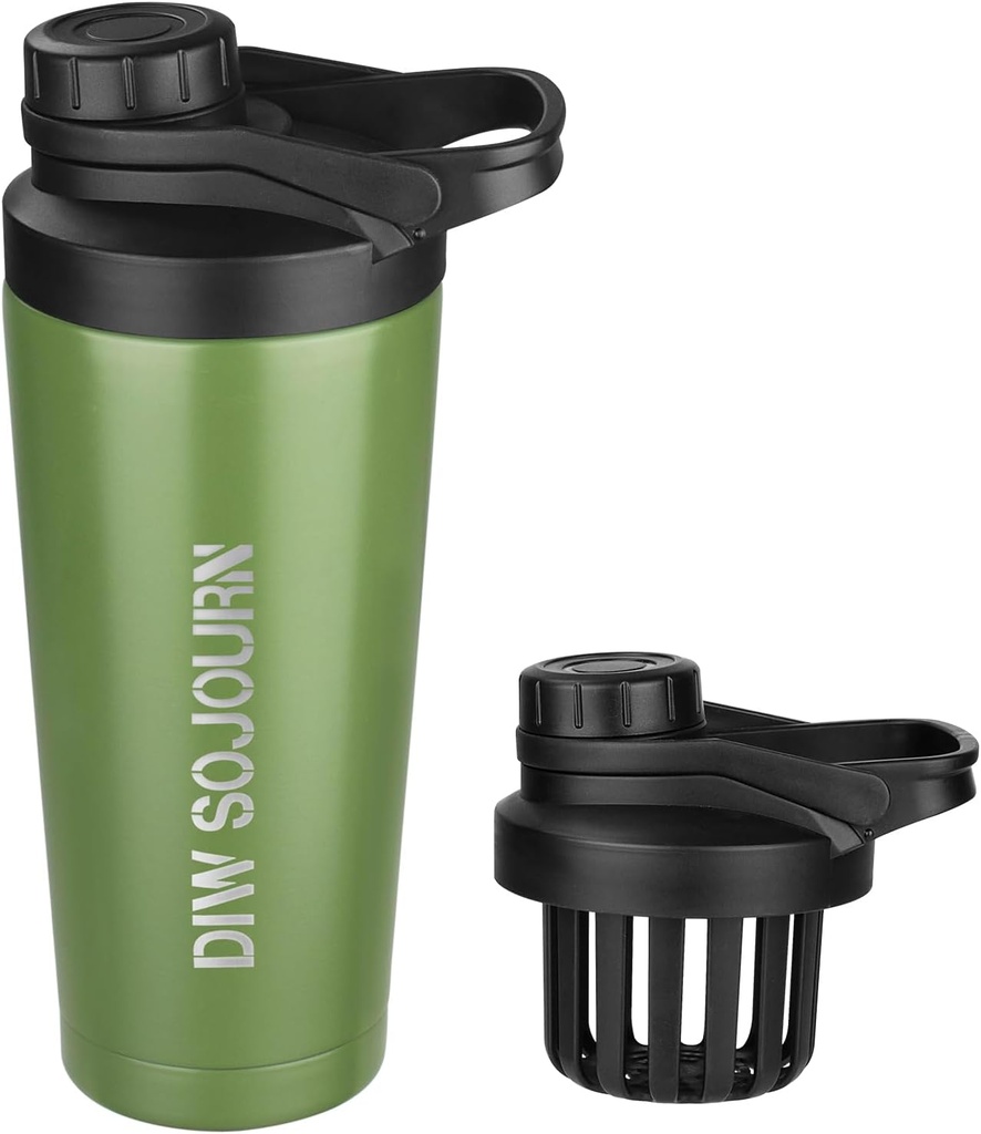 Bouteille de Shaker DIW 24 oz,Bouteille de Shaker en acier inoxydable au design sans bruit,Bouteille de Shaker en métal isolant pour les mélanges de protéines et préentraînement,Gym Bouteille Shaker(Green)