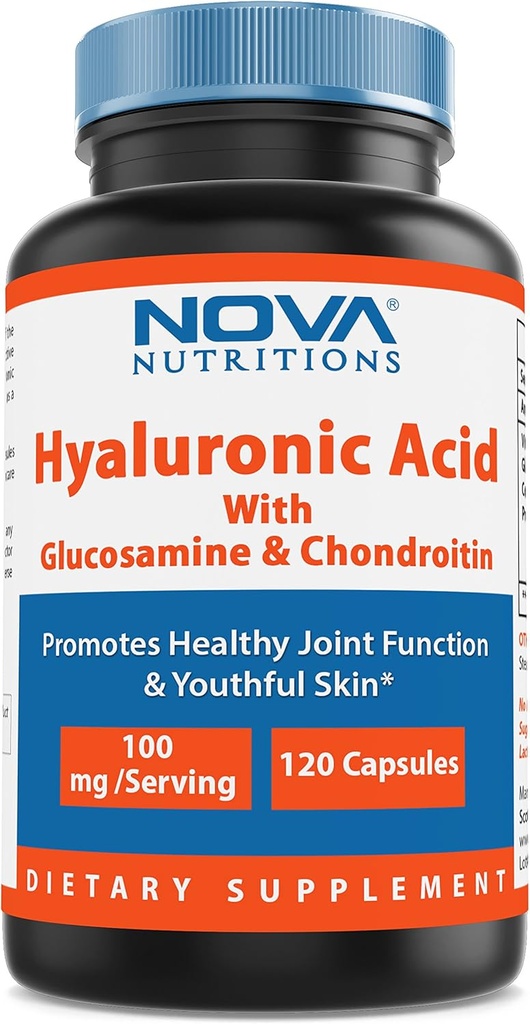Nova Nutritions Acide hyaluronique 100mg/serveur - Promotion de la peau juvénile et de la fonction articulaire saine 120 Capsules