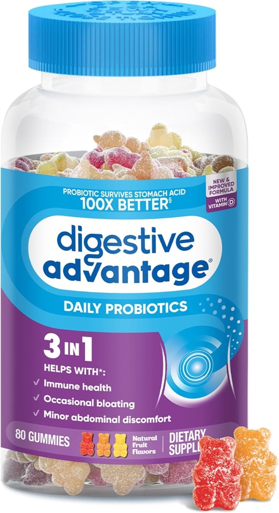 Avantage digestif Gommies probiotiques pour la santé digestive, la vitamine D, probiotiques quotidiens pour les femmes et les hommes Bloating occasionnel, trouble abdominal mineur et santé de la gueule, 80ct arômes naturels de fruits