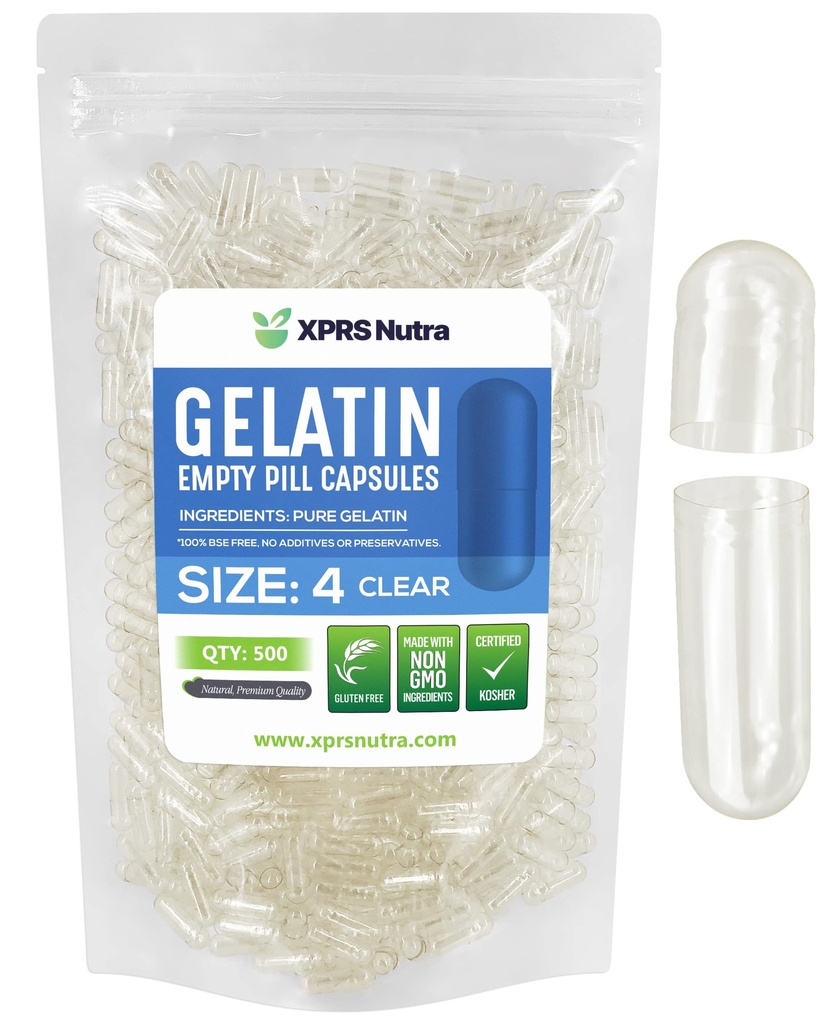 XPRS Nutra Taille 4 Capsules vides - 500 Compter les petites capsules de gélatine vides - Pills Bricolage Capsule Remplissage - Gel de pilules pures pour Do-It-Youlf Suppléments