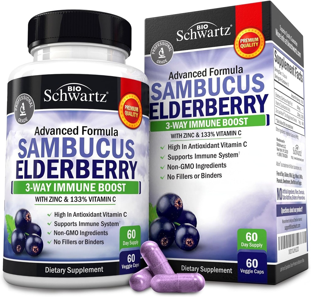 Capsules Elderberry avec du zinc et de la vitamine C pour les adultes - Soutien immunitaire Vitamines pour les femmes et les hommes - Sambucus noir Vitamine Elderberry C et zinc - Supplément multiminéraux de défense immunitaire, 60 Compte