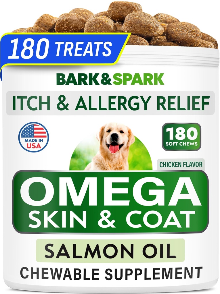 BARK&SPARK Omega 3 pour chiens - 180 Treats à l'huile de poisson pour le défrichement des chiens, les égratignures allergiques à la peau, le soulagement des démangeaisons, le traitement des taches chaudes - Santé articulaire - Supplément de peau et de manteau - ADP et ADH Acides gras - Huile de saumon