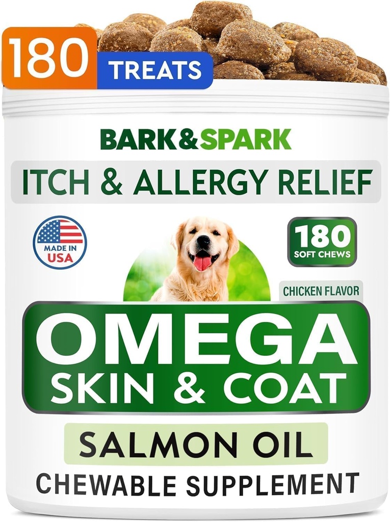 BARK&SPARK Omega 3 pour chiens - 180 Treats à l'huile de poisson pour le défrichement des chiens, les égratignures allergiques à la peau, le soulagement des démangeaisons, le traitement des taches chaudes - Santé articulaire - Supplément de peau et de manteau - ADP et ADH Acides gras - Huile de saumon