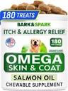 BARK&SPARK Omega 3 pour chiens - 180 Treats à l'huile de poisson pour le défrichement des chiens, les égratignures allergiques à la peau, le soulagement des démangeaisons, le traitement des taches chaudes - Santé articulaire - Supplément de peau et de manteau - ADP et ADH Acides gras - Huile de saumon