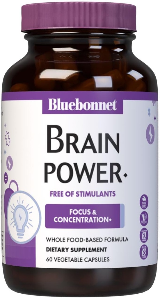 Bluebonnet Nutrition BrainPower – Mélange nootrope alimentaire complet - pour la santé du cerveau*- Non-OGM, végétalien - Exempte de gluten, de produits laitiers, de soja et de stimulants - 60 capsules végétales, 30 portions