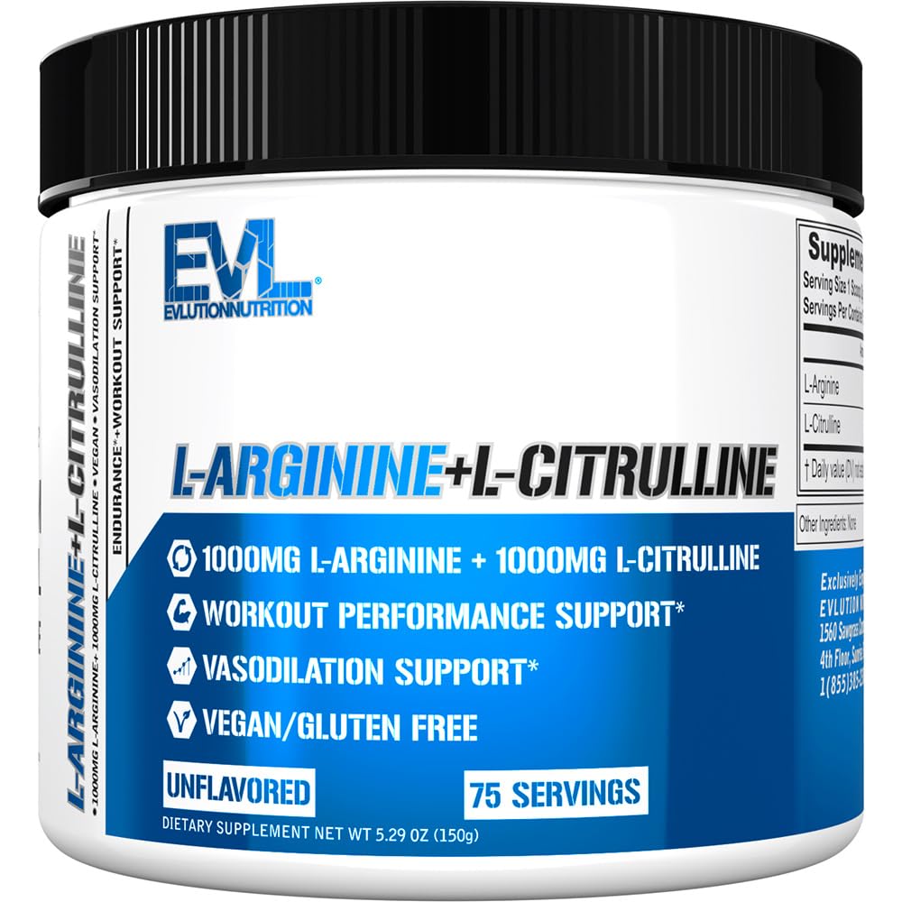 Évlution Nutrition L-Arginine + L-Citrulline - Endurance + Supplément performance d'entraînement - 2000mg Complexe - Vasodilation + Support à l'oxyde nitrique - Vegan + Poudre sans gluten - 75 portions