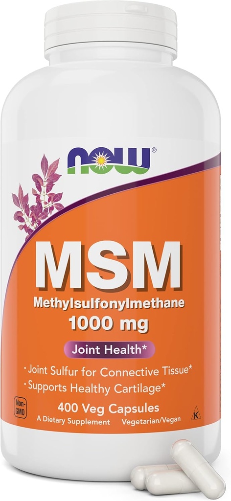 Maintenant MSM 1000mg Capsules de légumes, 400 Compte Méthyl-Sulfonyl-Méthane, Fabriqué aux États-Unis, Supplément de soufre, Non-OGM, Végétarien végétalien