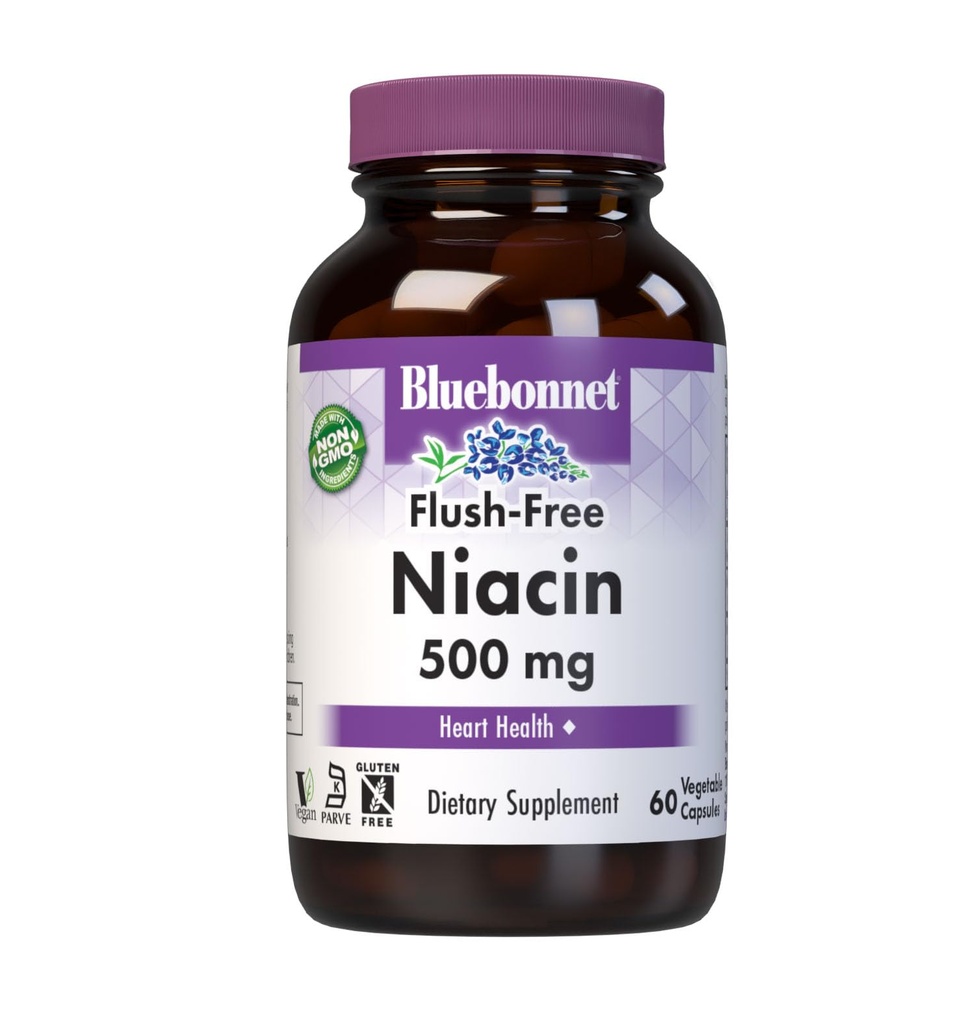 Bluebonnet Nutrition Flush-Free Niacin 500mg, for Nutritional Cardiovascular Support*, Soy-Free, Gluten-Free, Non-GMO, Kosher Certified, Dairy-Free, Vegan, 60 Vegetable Capsules, 60 Servings