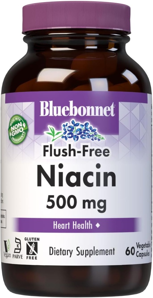 Bluebonnet Nutrition Flush-Free Niacin 500mg, pour le soutien cardiovasculaire nutritionnel*, sans soja, sans gluten, non-OGM, certifié Casher, sans lait, végétalien, 60 capsules végétales, 60 portions