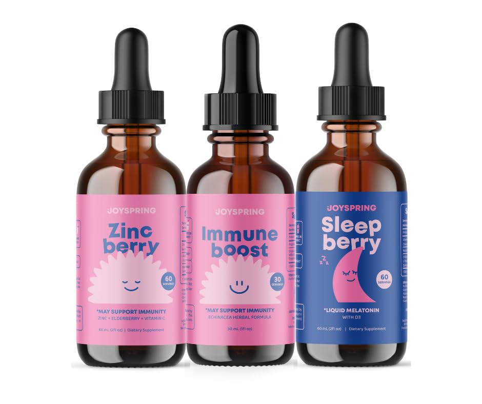 JoySpring Zinc with Vitamin C Supplements for Kids, Immune Boost for a Supported Immune System, and Melatonin Drops for Kids Sleep Support