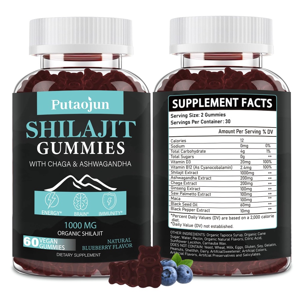 Shilajit pour homme, Femme & Kid.Himalayan Gold Shilajit Gummies.1000mg Shilajit,200mg Ashwagandha,200mg Chaga,100mg Ginseng,100mg Saw Palmatto,60mg Huile de graines noires