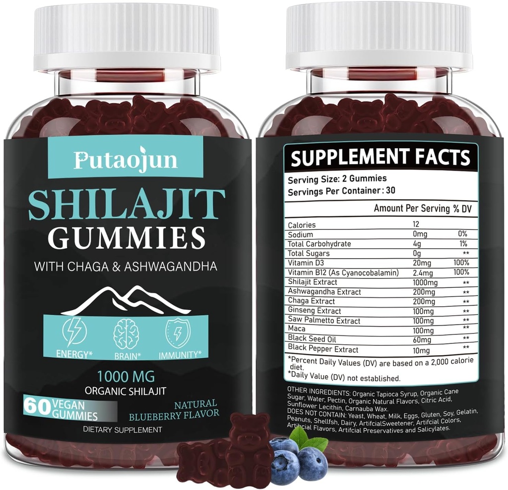 Shilajit pour homme, Femme & Kid.Himalayan Gold Shilajit Gummies.1000mg Shilajit,200mg Ashwagandha,200mg Chaga,100mg Ginseng,100mg Saw Palmatto,60mg Huile de graines noires