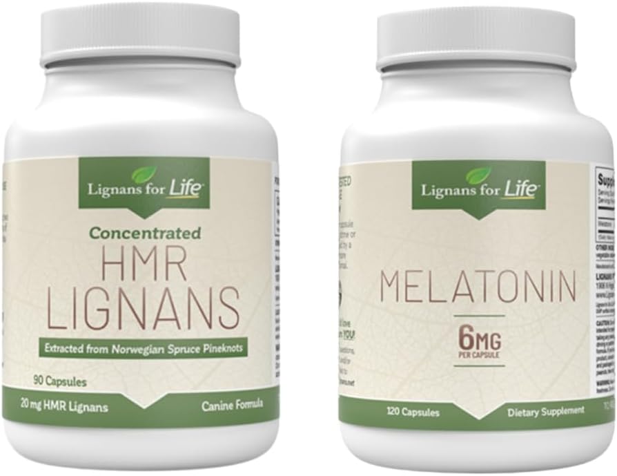 Ensemble de Lignans pour les soins de la vie - Multivitamine naturelle HMR Lignans pour chiens 20mg, 90 Capsules et Mélatonine pour chiens de race moyenne 6mg, 120 Capsules, Vitamines pour la santé globale