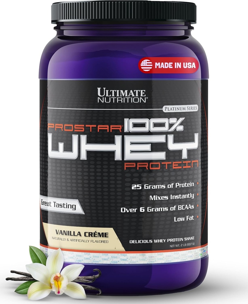 Ultimate Nutrition Prostar Whey Protéines Poudre Isolée, Vanille - faible teneur en glucides, poudre à haute teneur en protéines Shake pour le gain musculaire et la récupération - faible teneur en sodium, faible teneur en gras et kéto - 2 lbs Tub