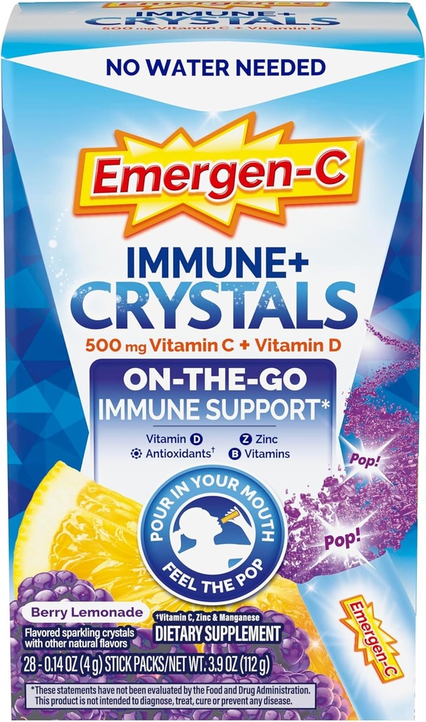 Emergen-C Immune Plus Cristaux, Supplément de soutien aux immunones sur le pouce avec vitamine C, vitamine D, vitamine B, zinc et manganèse, citronade de baies, retour à l'essentiel de l'école - 28 Stick Packs