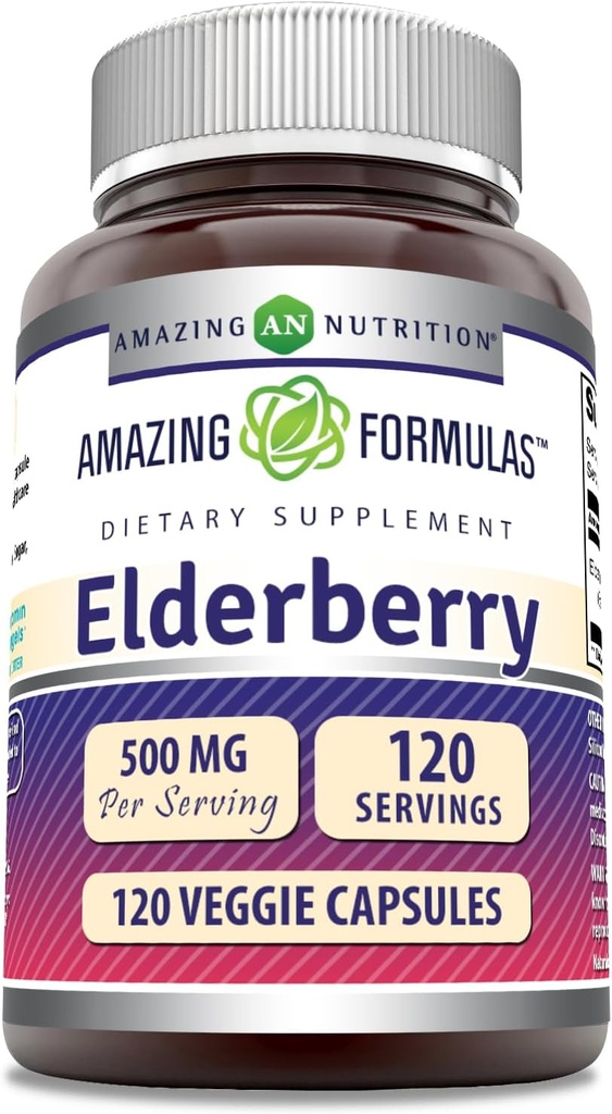 Formules étonnantes Supplément Elderberry de 500 Mg par service de 120 Capsules de légumes de 10:1 Concentré de 10:1 Non-OGM de 100% sans gluten Fabriqué aux États-Unis