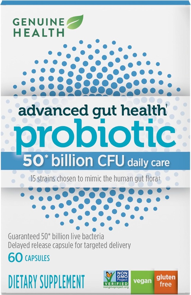 Probiotiques de santé authentiques, 50 milliards d'UFC, soins quotidiens, 15 souches diverses, sans soja, sans gluten, gélules véganes à libération différée pour la santé de la gueule avancée (60 comte)