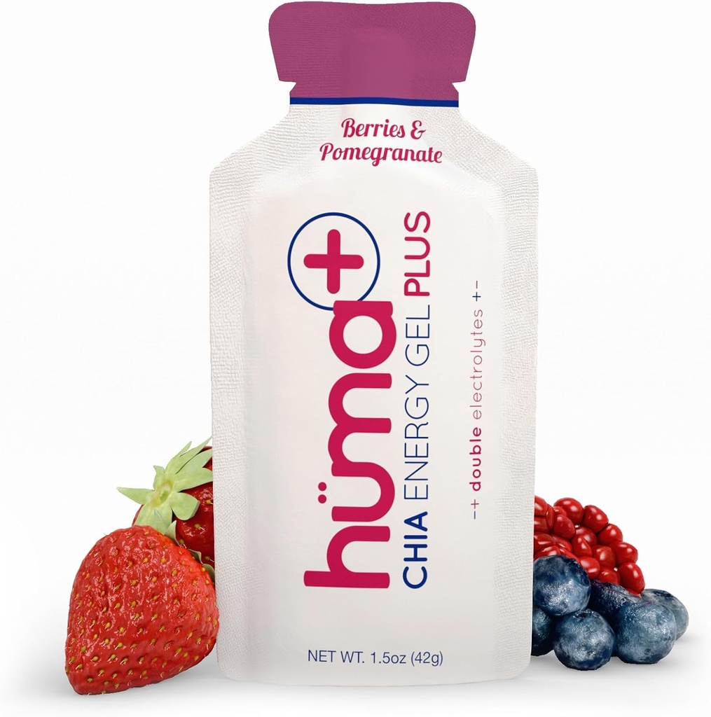 Huma Plus (Double Electrolytes) - Gel d'énergie Chia, baies et grenade, 12 gels - Stomach Friendly, Gels d'énergie alimentaire réelle